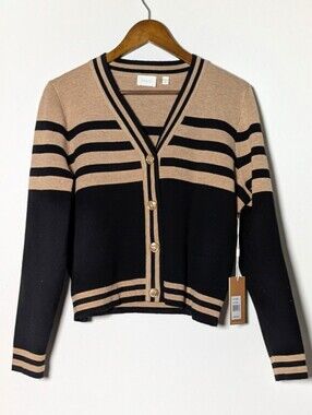 NWT‎ Cyrus Black And Camel Beige Dress Preppy Classic Knit Cardigan Size Large
